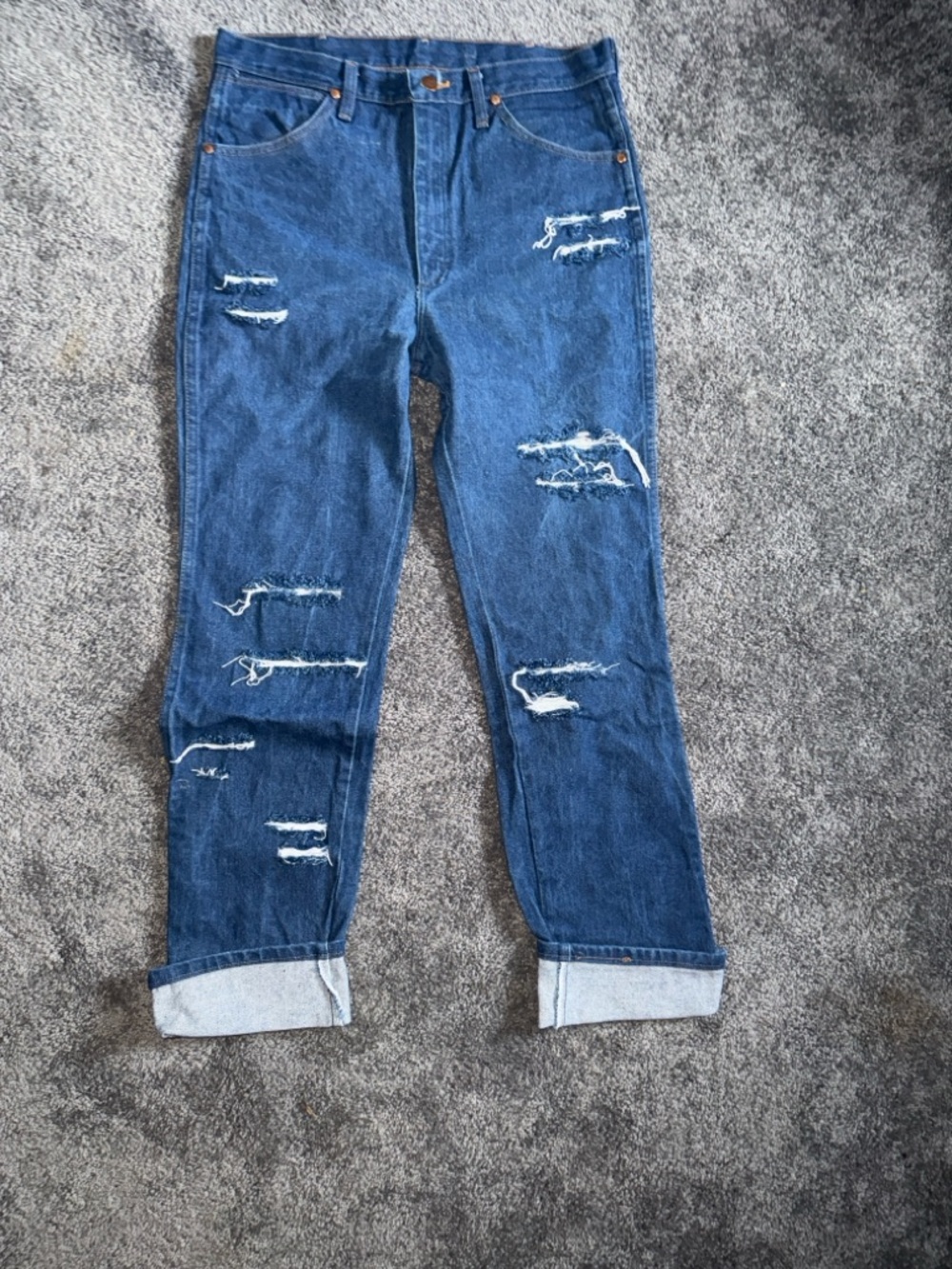 Wrangler Distressed Straight Leg Jeans - Dark Blue